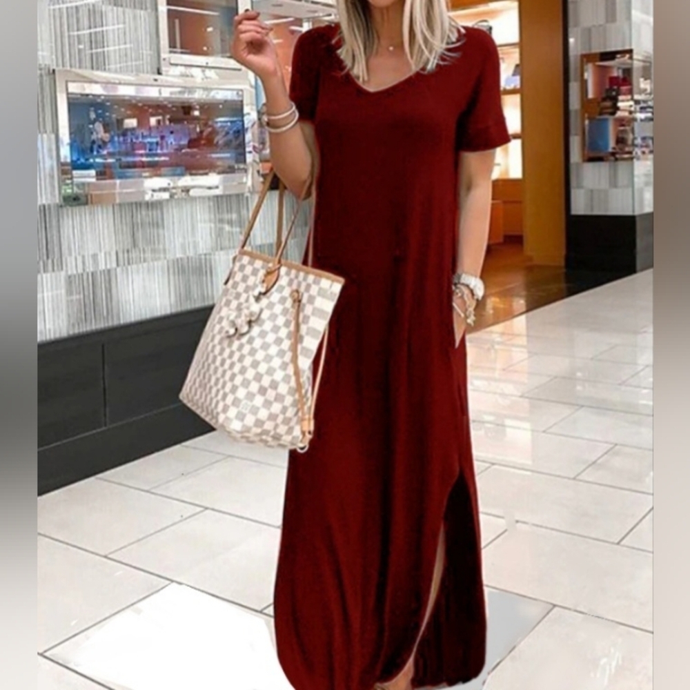 Zenana Outfitter T-Shirt Dress Boho L Maroon V-Neck Side Pockets